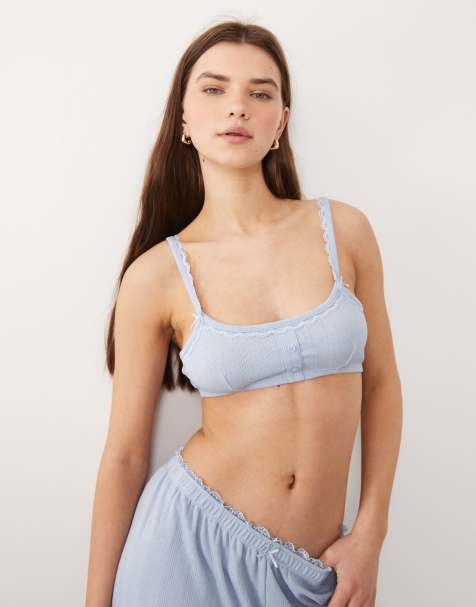 ASOS DESIGN pointelle bralette with lace trim in blue - view 1