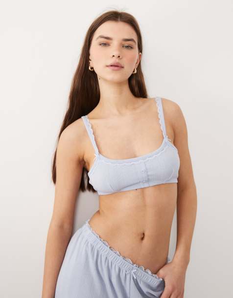 ASOS DESIGN – Pointelle-Bustier in Blau mit Spitzenbesatz - view 1