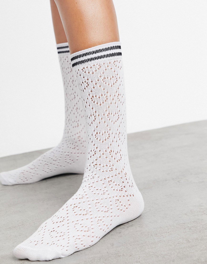 ASOS DESIGN pointelle calf length socks in white with stripe detail