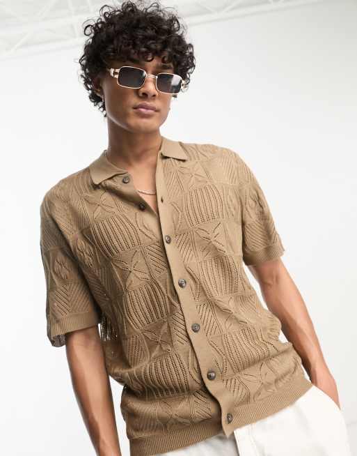 ASOS DESIGN - Pointelle gebreide polo met patchwork in stone