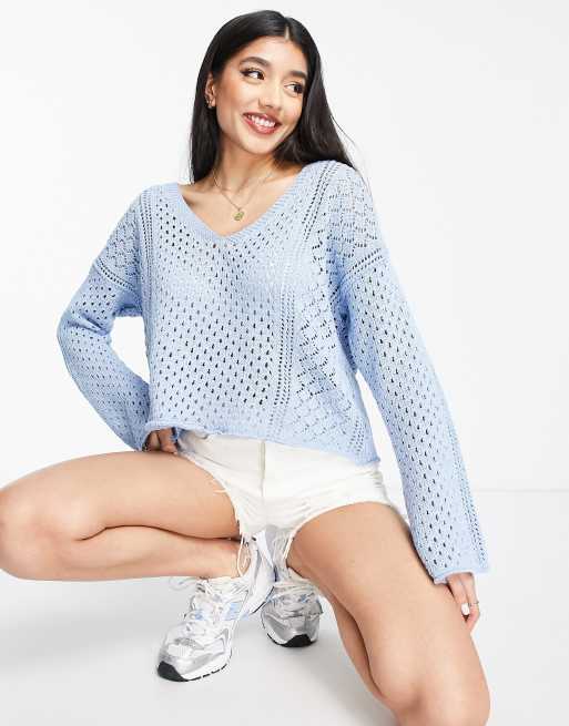 ASOS DESIGN pointelle jumper in blue