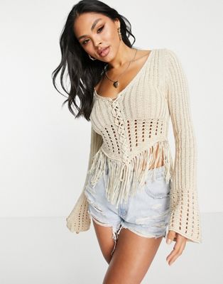 ASOS DESIGN pointelle jumper with lace up front and fringe hem in cream