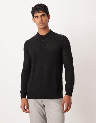 Asos Design Pointelle Knit Patterned Polo In Black
