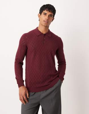 Asos Design Pointelle Knit Patterned Polo In Burgundy