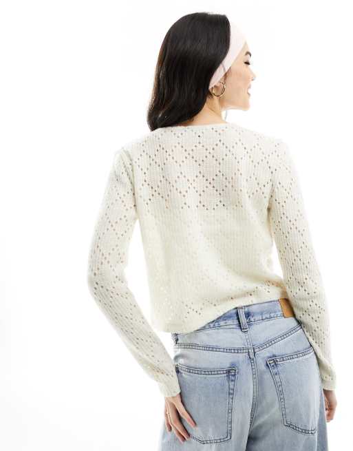 ASOS DESIGN pointelle knit slim fit cardigan with bow ribbon in ecru, 4 of 4