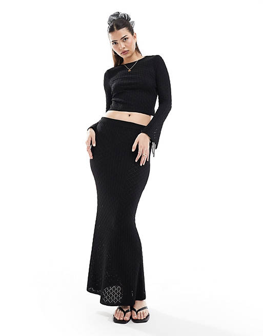 ASOS DESIGN pointelle knitted maxi skirt co ord in black | ASOS