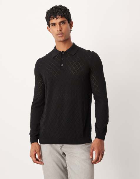 ASOS DESIGN pointelle knitted pattern polo in black - view 1