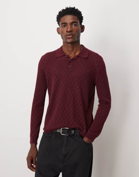 ASOS DESIGN pointelle knitted pattern polo in burgundy