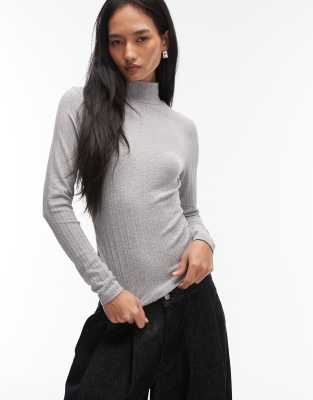Asos Design Pointelle Long Sleeve Funnel Neck Top In Gray