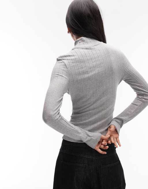 ASOS DESIGN pointelle long sleeve funnel neck top in light grey, 4 of 4