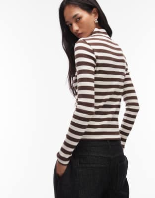 Asos Design Pointelle Long Sleeve Funnel Neck Top In Brown