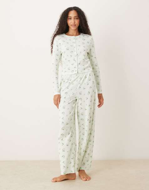 ASOS DESIGN pointelle long sleeve pyjama set in mistletoe print - view 1