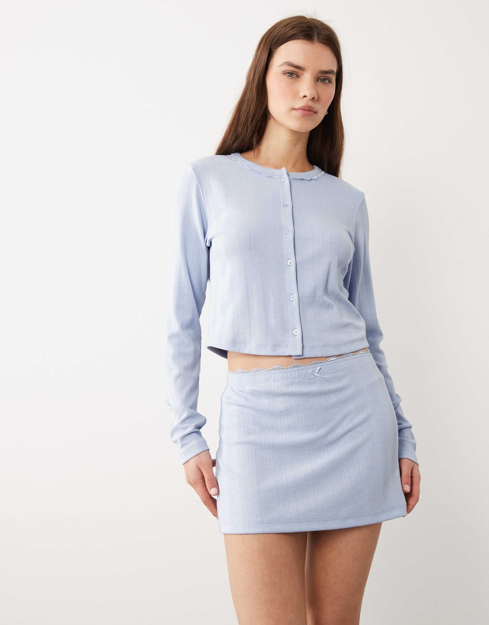 asos design pointelle mini skirt with lace trim in blue