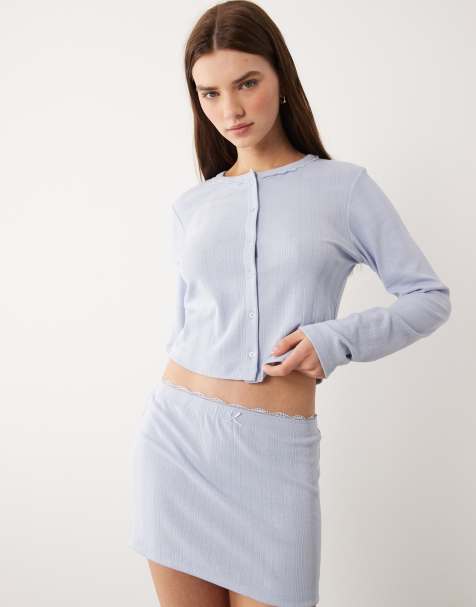 ASOS DESIGN pointelle nightwear cardigan with lace trim in blue - view 1