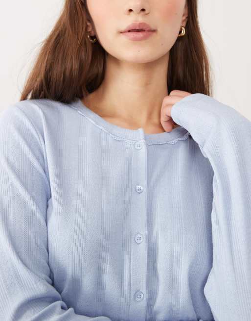 ASOS DESIGN pointelle nightwear cardigan with lace trim in blue, 3 of 4