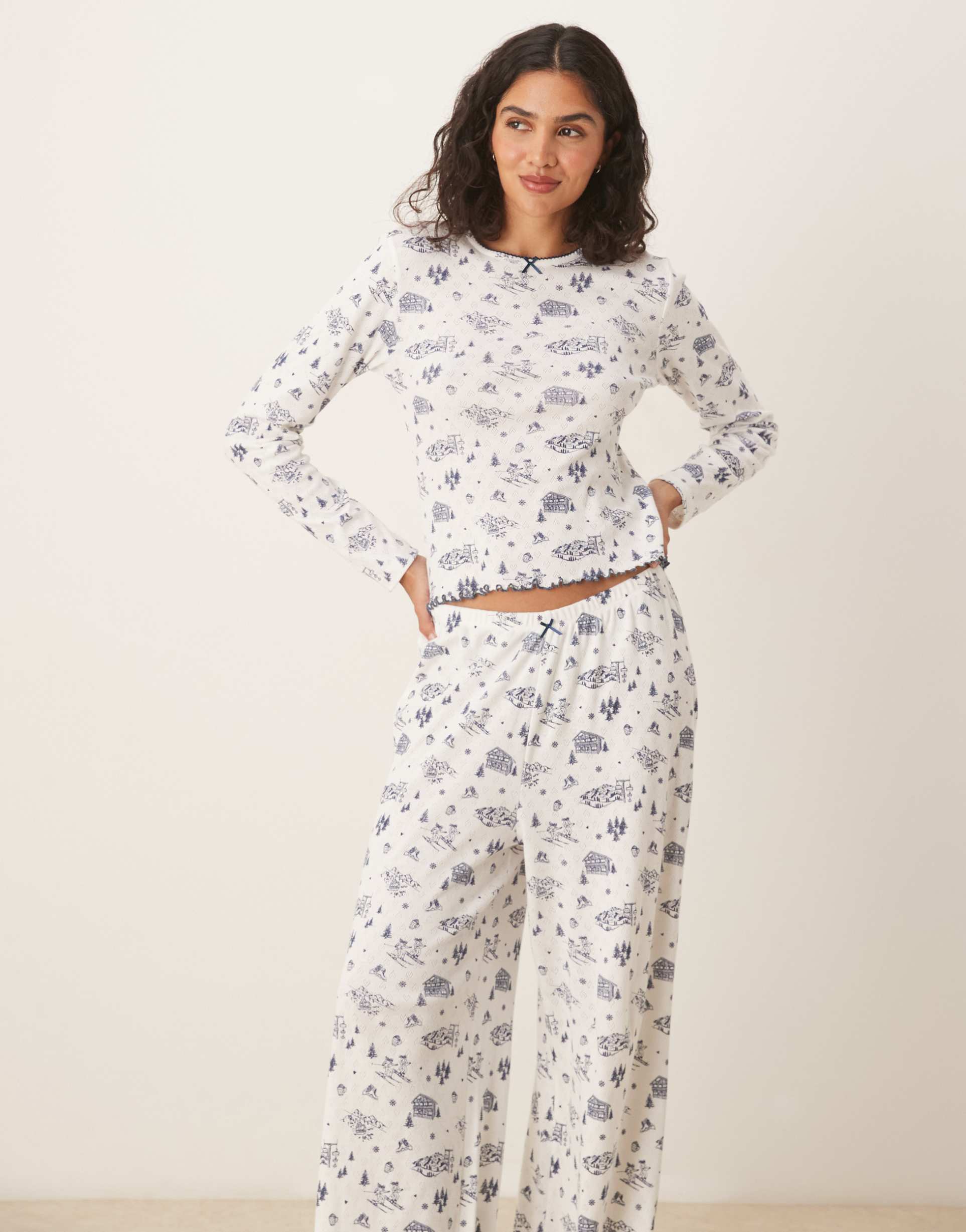 asos design pointelle pajama pants and long sleeve tee set in blue scenic print