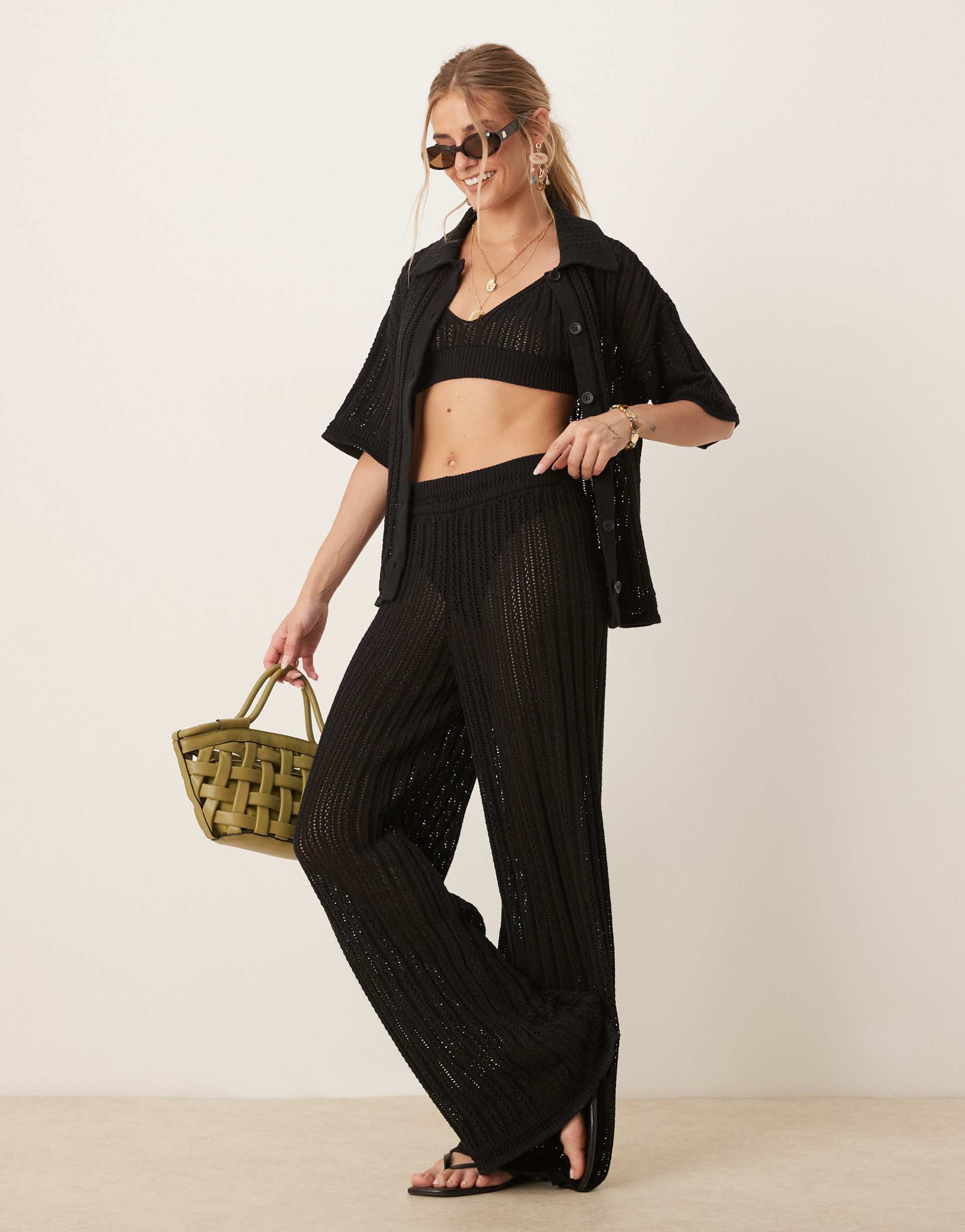 asos design pointelle palazzo pants in black - part of a set