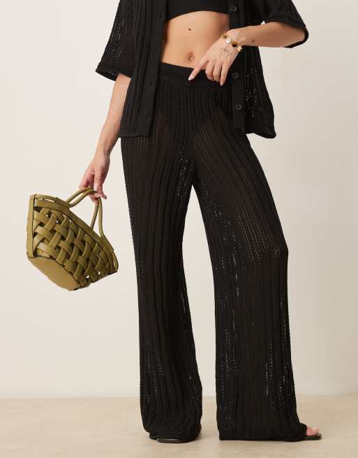 ASOS DESIGN pointelle palazzo trousers co-ord in black , 3 of 5