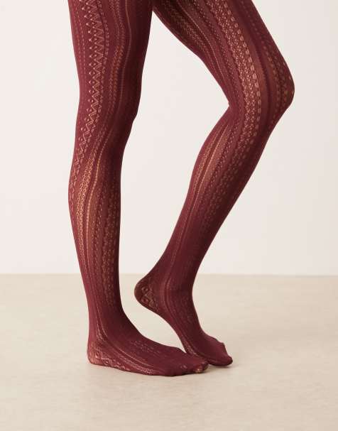ASOS DESIGN pointelle pattern tights in burgundy - view 1
