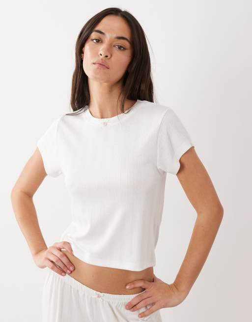 ASOS DESIGN pointelle pyjama baby tee with rosebud trim in white, 2 of 4