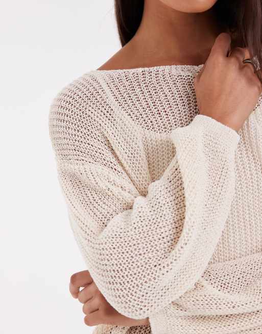 ASOS DESIGN pointelle relaxed fit sweater in ecru, 3 of 4