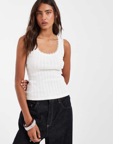 ASOS DESIGN pointelle scoop neck tank top in cream - view 1