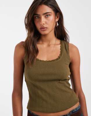 Asos Design Pointelle Scoop Neck Tank Top In Green