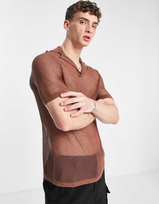 ASOS DESIGN pointelle short sleeve revere polo in rust