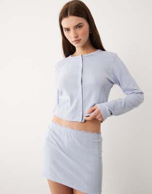 Asos Design Pointelle Sleepwear Cardigan With Lace Trim In Blue