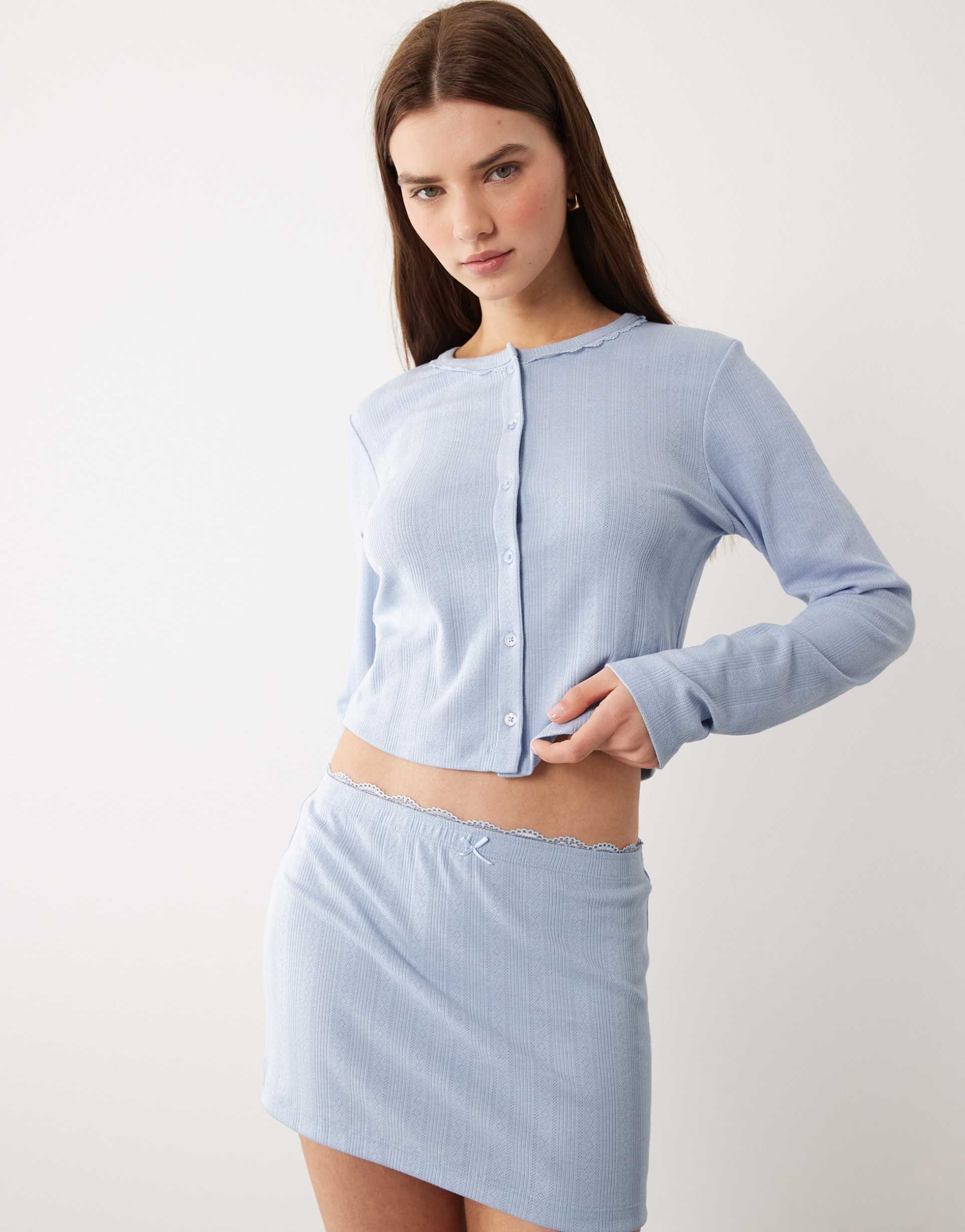 asos design pointelle sleepwear cardigan with lace trim in blue