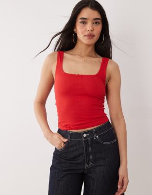 Asos Design Pointelle Square Neck Tank Top In Red