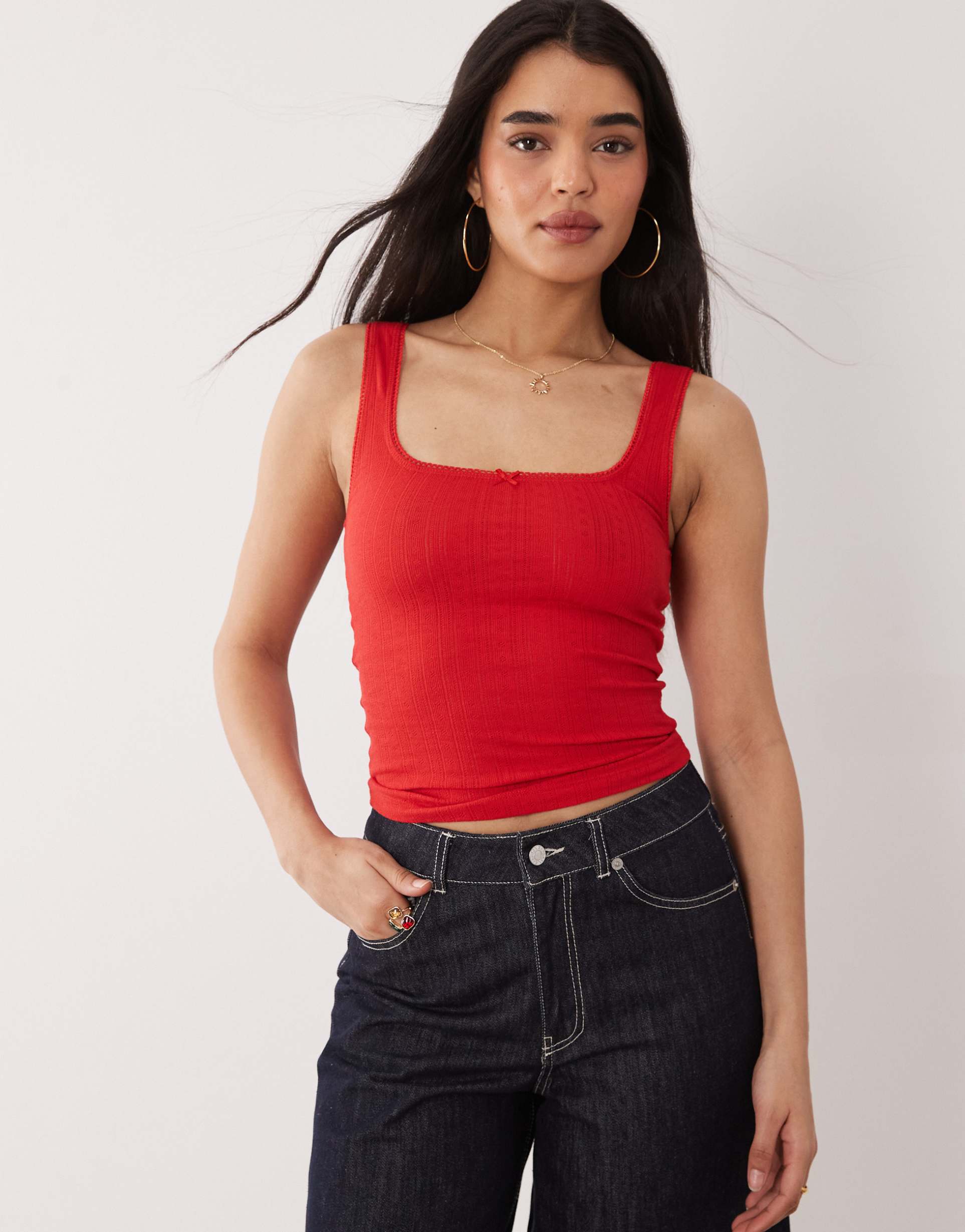 asos design pointelle square neck tank top in red