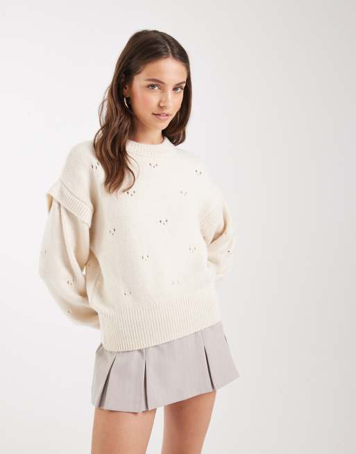 ASOS DESIGN pointelle stitch knitted jumper in cream, 3 of 4