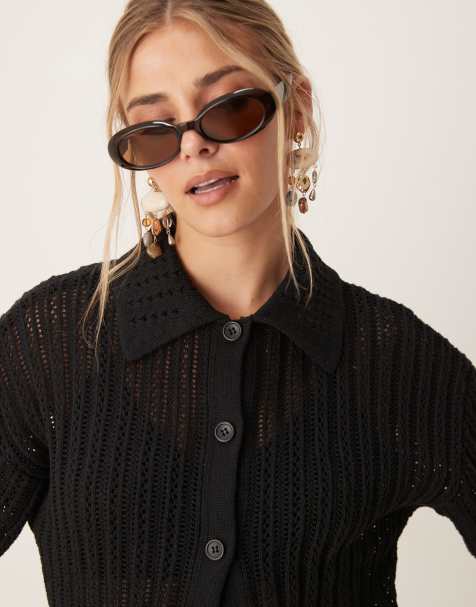 ASOS DESIGN pointelle stitch shirt in black (part of a set) - view 1