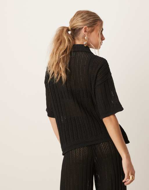 ASOS DESIGN pointelle stitch shirt in black - part of a set , 4 of 4