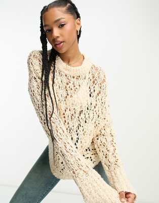 Asos Design Pointelle Stitch Sweater In Boucle Yarn In Cream-white