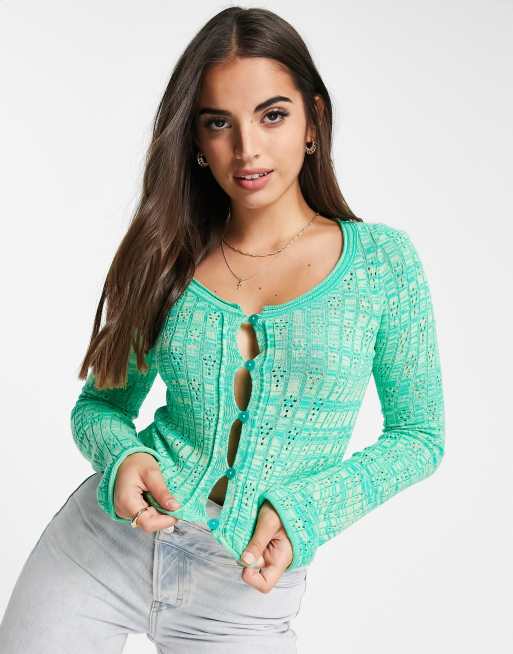 ASOS DESIGN – Pointelle-Strickjacke mit Space-Dye-Muster in Grün