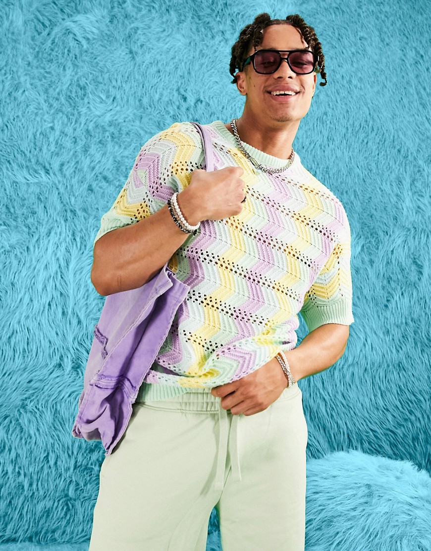 ASOS DESIGN pointelle striped T-shirt in pastels-Multi