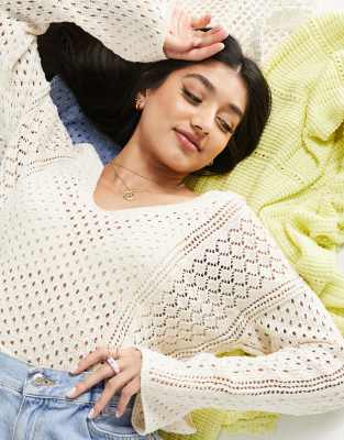 Asos Design Pointelle Sweater In Cream-white In White