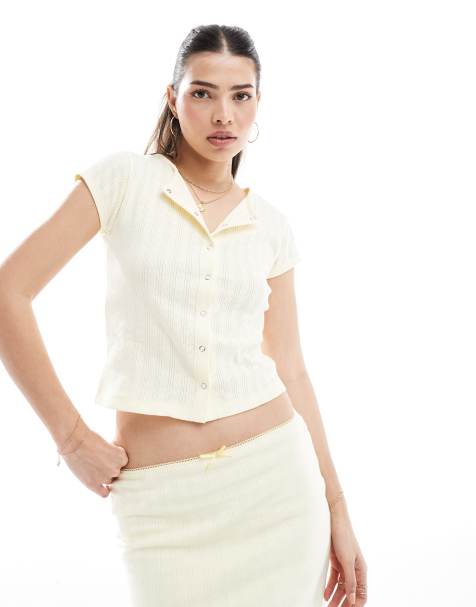 ASOS DESIGN pointelle top with snaps in light yellow - part of a set - view 1