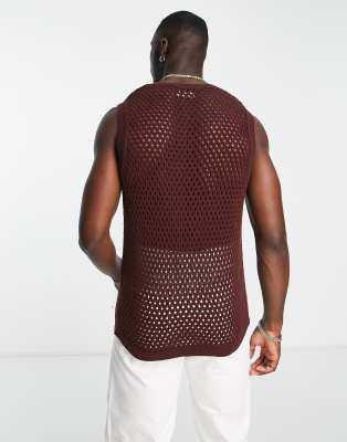 Asos Design Pointelle V-neck Tank In Brown