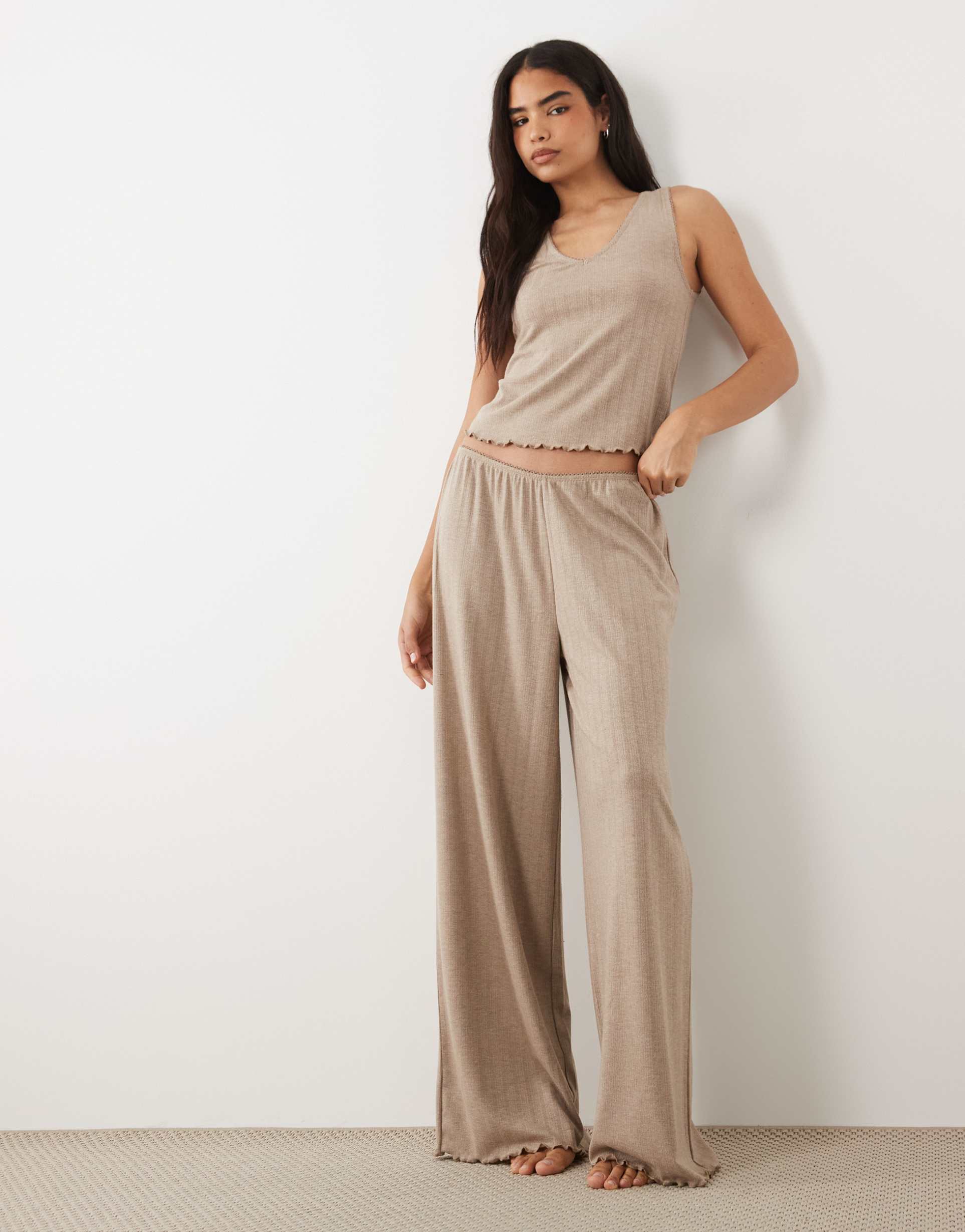 asos design pointelle v neck tank top & pants pajama set in oatmeal