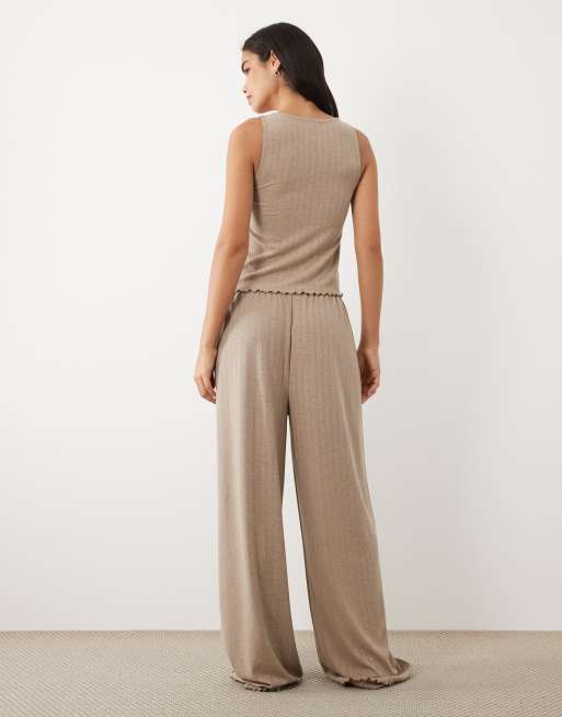 ASOS DESIGN pointelle v neck tank top & pants pajama set in oatmeal, 3 of 4
