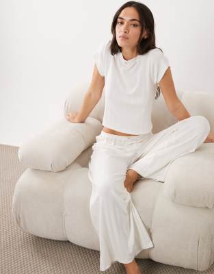 Asos Design Pointelle Wide Leg Pajama Pants With Rosebud Trim In White