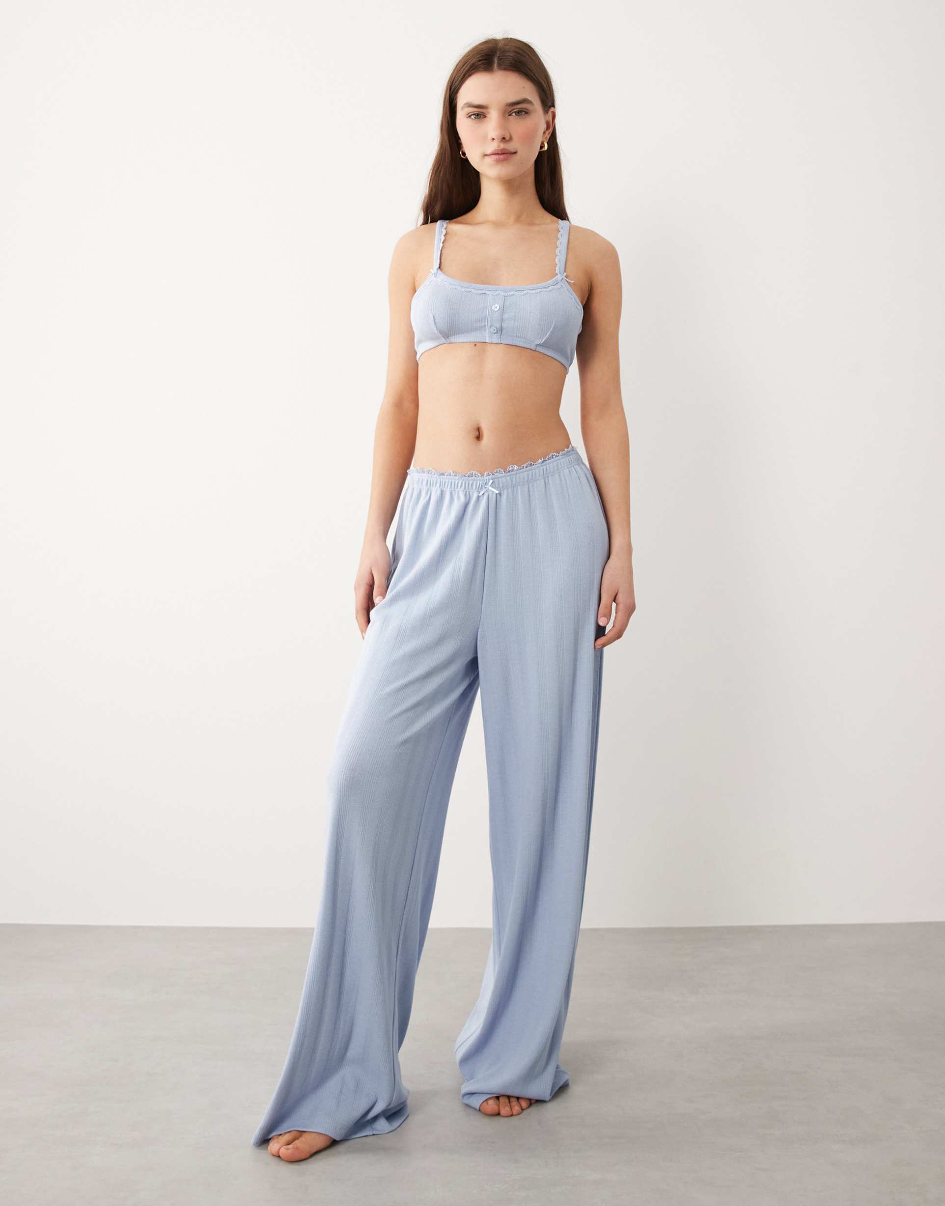 asos design pointelle wide leg pants with lace trim in blue