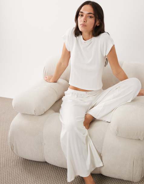 ASOS DESIGN pointelle wide leg pyjama pants with rosebud trim in white - view 1