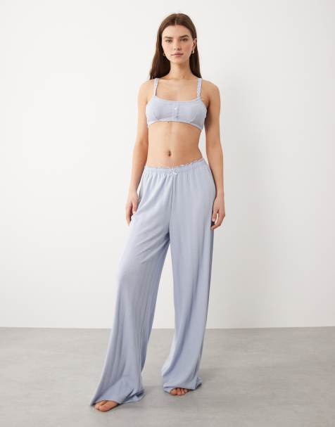 ASOS DESIGN pointelle wide leg trouser with lace trim in blue - view 1