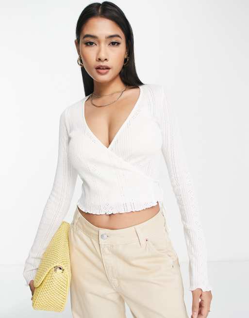 ASOS DESIGN pointelle button through top in white