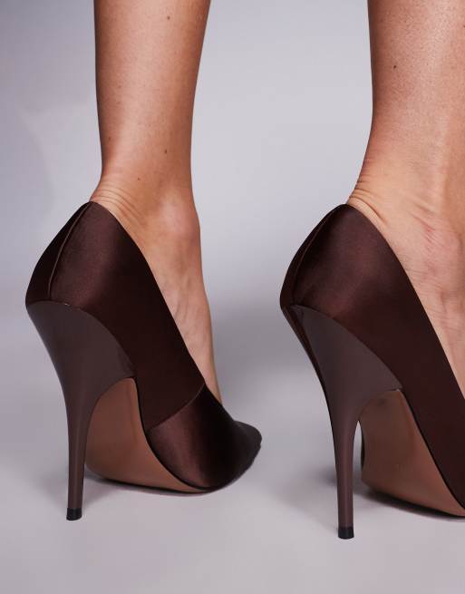 ASOS DESIGN Poison super high heeled court shoes in chocolate satin, 3 of 4