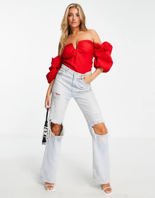 ASOS DESIGN - Poitrines généreuses - Body structuré à manches bouffantes et barre en V - Rouge, 2 de 4